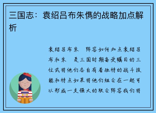 三国志：袁绍吕布朱儁的战略加点解析