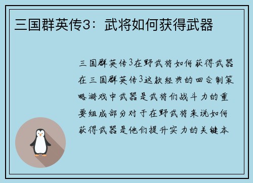 三国群英传3：武将如何获得武器